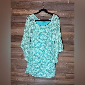 Turquoise Haven Aqua and Cream Lace Bell Sleeves Western Dress Women’s SZ Large
